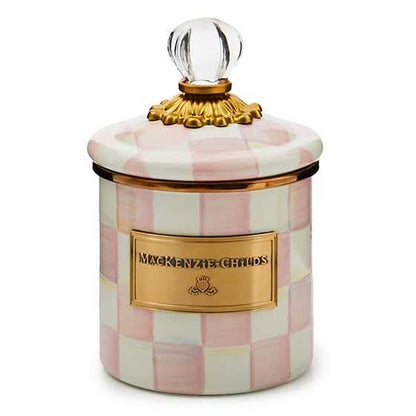 MACKENZIE-CHILDS Enamel Canister, Versatile Kitchen Storage Container for Flour and Sugar, Demi, 24-Ounce Capacity, Pink-and-White Rosy Check - color: Rosy Check