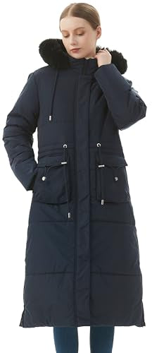 MOERDENG Women's Long Winter Puffer Coat Waterproof Warm Maxi Down Jacket Faux Fur Removable Hood Parka - color: Navy, size: Medium