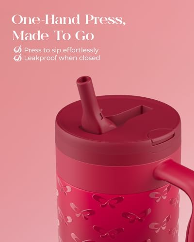 40 oz Insulated Tumbler with Handle and Push-Button Straw Lid, Stainless Steel Travel Cup for Gym Office, Leakproof, BPA-Free, Cup Holder Friendly, Bow Silicone Boot, Red (Coquette Cherry) - color: Coquette Cherry