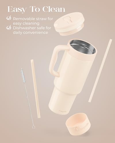 40 oz Insulated Tumbler with Handle and Push-Button Straw Lid, Stainless Steel Travel Cup for Gym Office, Leakproof, BPA-Free, Cup Holder Friendly, Bow Silicone Boot, Cream (Cloudy Cream) - color: Cloudy Cream