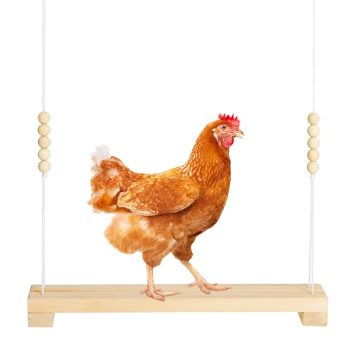 Jorewood 40cm Natural Wooden Chicken Swing Perch with Iron Monkey Decoration & Adurable Rope - Safe Poultry Toy for Hens, Birds with Wooden Beads & Durable Design - color: White
