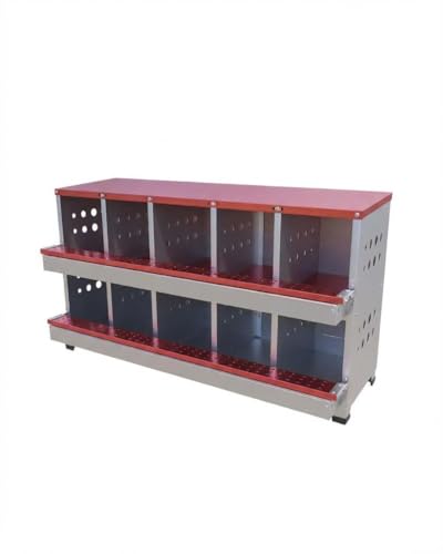 Metal Chicken Nesting Boxes - 10 Hole Wall-Mountable Laying Boxes with Lid & Roll-Away Egg Collection, Weatherproof Galvanized Steel, Includes 10 Fake Eggs for Chicken Coop, Red - color: Red, size: 10 Compartment