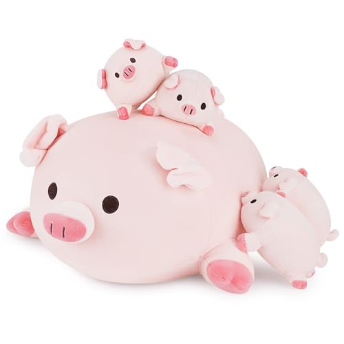 Achwishap 5PCS Pig Family,Pig Stuffed Animal Mommy with 4 Pig Babies Plush,Cute Pig Plush Pillow Cushion Doll,Kawaii Pig Plush Toy Hugging Pillow for Kids Adults Birthday Gifts(16” Pig Family) - color: Pink Pig Family-mommy and Kids
