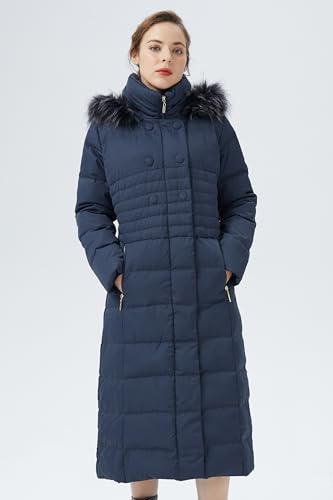 Orolay Women Warm Down Jacket with Hood Fur Long Puffer Coat - color: Navy, size: Large