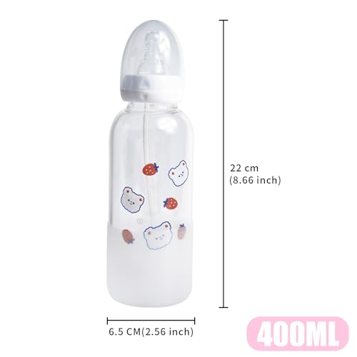 CutiePlusU Adult Glass Feeding Bottle Cute Printed Large Size Baby Bottles Strawberry Bear 13.5Oz/400ML - color: Strawberry Bear