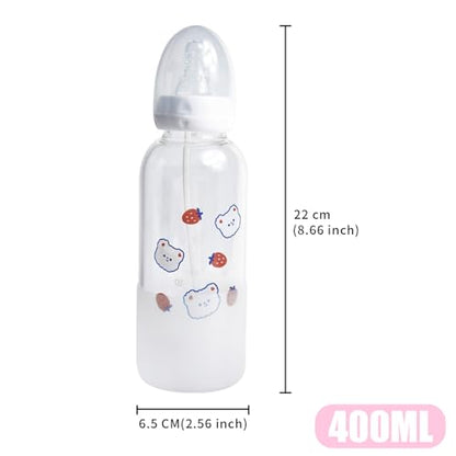 CutiePlusU Adult Glass Feeding Bottle Cute Printed Large Size Baby Bottles Strawberry Bear 13.5Oz/400ML - color: Strawberry Bear