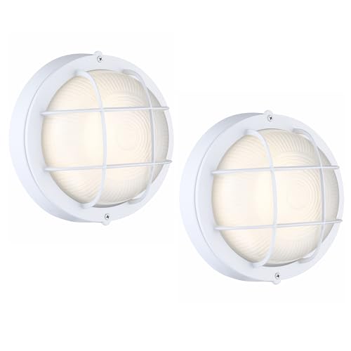 Round Bulkhead Light, Outdoor LED Nautical and Sauna Lamp | Dimmable, 8.0 Inch 1500 Lumen 3000K, Aluminum, Glass, Water-proof Wall Lantern Light for Patio, Porch, Garage, White, 2-Pack - color: 3000K White, size: 2pk-round