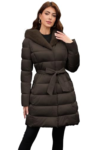 PAPILLON D'OR WEAR YOUR WINGS Women's Long Puffer Coat with Belt, Hood & Furry Lining - Knee-Length Winter Jacket - color: Tea-brown, size: XX-Large