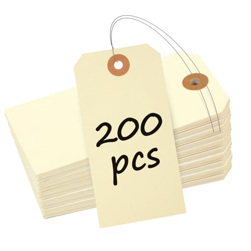Uniclife 200 Pcs Manila Tags Blank Shipping Tags with Wire Attached 4.7 Inch Paper Hang Tag with Reinforced Eyelet Large Marking Writable Price Inventory Label Tag, 4.7" x 2 3/8" - color: Light-yellow, size: 200 PCS