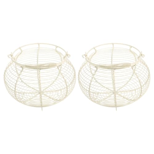 Metal Wire Egg Basket with Handle 2pcs, Kitchen Countertop Organizer for Fruits and Vegetables, White Vintage Wire Food Storage Basket for Egg Collection and Home Use