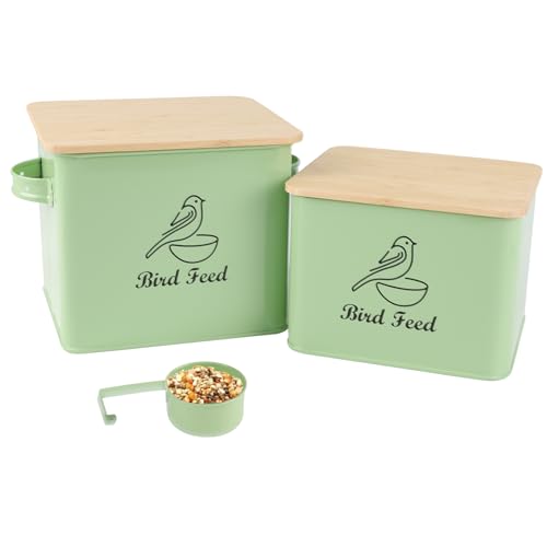 Airtight Bird Seed Storage Container Set of 2, 10LB Metal Bird Food Container with Bamboo Lids,Wild Bird Seed Tin for Storing Sunflower Seed-Squirrel proof -Green - color: Green(Bird Feed)