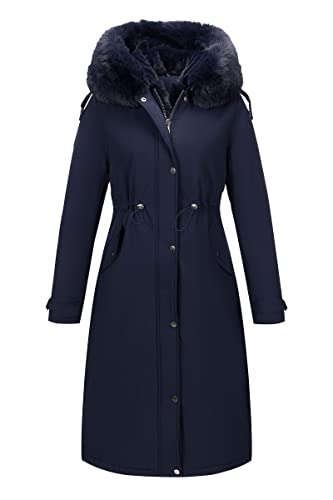 RISISSIDA Women Winter Parka Puffy Coat for Deep Cold,Thicken Puffer Jacket with Long Fur Collar Hooded,Warm Bubble Overcoat - color: Blue, size: Large