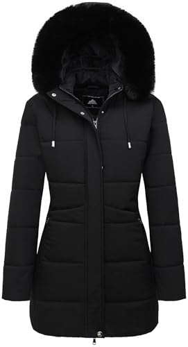 MOERDENG Women's Winter Puffer Coat Thicken Fleece Lined Down Jacket Waterproof Faux Fur Detachable Hooded Parka - color: Black, size: Large