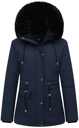 MOERDENG Women's Warm Winter Puffer Coat Thicken Fleece Lined Down Jacket Faux Fur Detachable Hood Snow Parka - color: Navy, size: Small