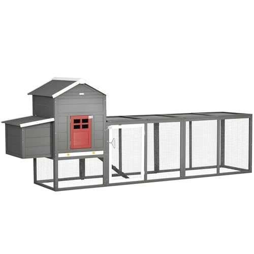 PawHut 118" Extra Large Chicken Coop with Asphalt Roof, Wooden Hen Run with Slide-Out Tray and Nesting Box, Chicken Hutch for 3-6 Chickens, Gray - color: Gray