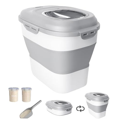 20-50 Lbs Food Storage Container With Wheel, Airtight Locking Lid, Collapsible Rice Container, Flour Storage With Small Container and Scoop, Suitable for Pet Food - color: Grey/20-50LBS