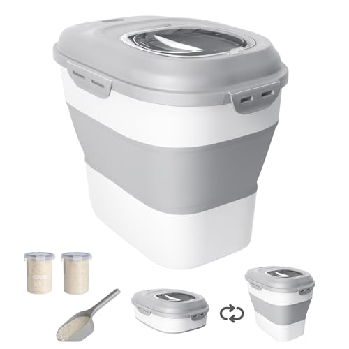 20-50 Lbs Food Storage Container With Wheel, Airtight Locking Lid, Collapsible Rice Container, Flour Storage With Small Container and Scoop, Suitable for Pet Food - color: Grey/20-50LBS