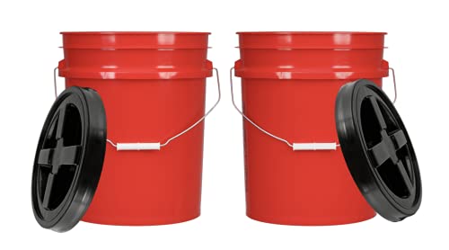 House Naturals 5 Gallon Food Grade BPA Free Made in USA Red Bucket Pail with Air Tight Black Screw On Lid - (Pack of 2)