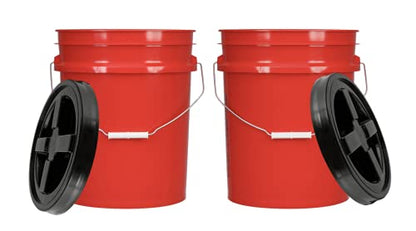 House Naturals 5 Gallon Food Grade BPA Free Made in USA Red Bucket Pail with Air Tight Black Screw On Lid - (Pack of 2)