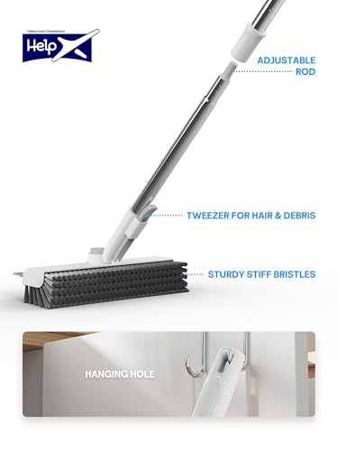 Floor Scrub Brush with Long Handle, 3 in 1 Scrape and Heavy-Duty Stiff Bristle Floor Scrubber Brush with Squeegee and Tweezer for Cleaning Tile Wall Deck Bathroom Patio Garage Kitchen (White) - color: White