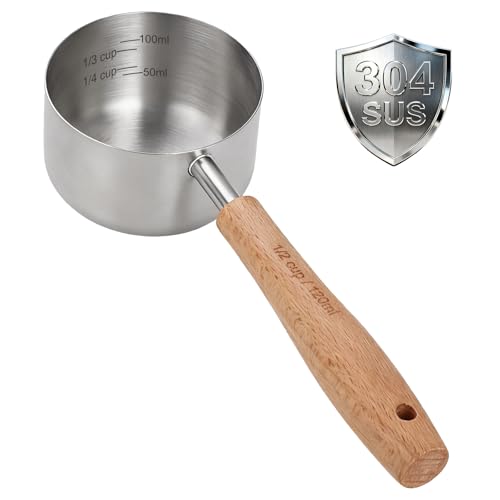 1PCS 1/2Cup(120ml | 4oz) Dog Cat Food Scoop, 18/8(304) Stainless Steel Measuring Cup with Wooden Handle, Etched Measurements Inside, BPA Free Portion Control for Pets & Kitchen Use - size: 1/2 CUP