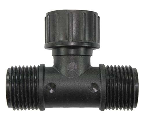 DripWorks Hose Tee Fitting – Durable Black Plastic T-Splitter with Female Swivel Inlet & Male Hose Thread Outlets – Compact Design for Narrow Spaces (1)