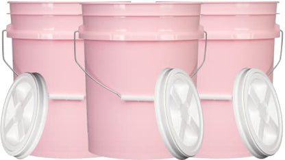 House Naturals 5 Gallon Pink Food Grade Plastic Storage Bucket with Lid Cover (Pack of 3) Made in USA (with White Screw On Air Tight Lids) - color: With White Air Tight Screw on Lids