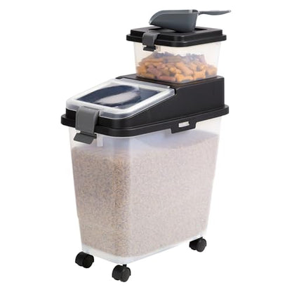 Mighty Tuff 3 Piece Airtight Dog Food Storage Container, Up to 36 lbs, with 5 lbs Dog Treat Container and Portion Scoop – BPA Free Airtight Pet Food Bin on Wheels