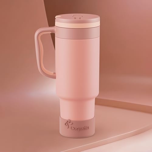 40 oz Insulated Tumbler with Handle and Push-Button Straw Lid, Stainless Steel Travel Cup for Gym Office, Leakproof, BPA-Free, Cup Holder Friendly, Bow Silicone Boot, (Peach Roasted) - color: Peach Roasted