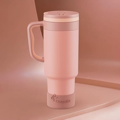 40 oz Insulated Tumbler with Handle and Push-Button Straw Lid, Stainless Steel Travel Cup for Gym Office, Leakproof, BPA-Free, Cup Holder Friendly, Bow Silicone Boot, (Peach Roasted) - color: Peach Roasted