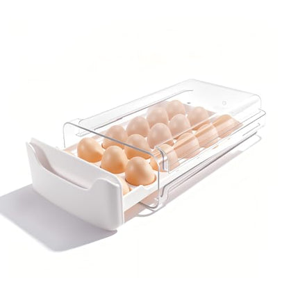 Egg-Holder for Fridge, 18 Egg-Storage for Refrigerator Countertop, 1 Tier Dispenser with Drawer, Stackable Clear Egg Tray Container, Egg Organizer, Fits Large Eggs, White - size: 1 Tier-White
