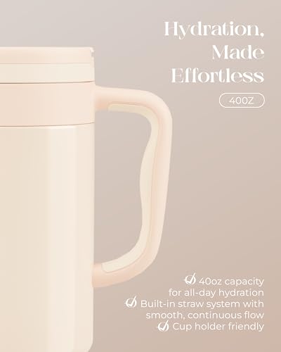 40 oz Insulated Tumbler with Handle and Push-Button Straw Lid, Stainless Steel Travel Cup for Gym Office, Leakproof, BPA-Free, Cup Holder Friendly, Bow Silicone Boot, Cream (Cloudy Cream) - color: Cloudy Cream