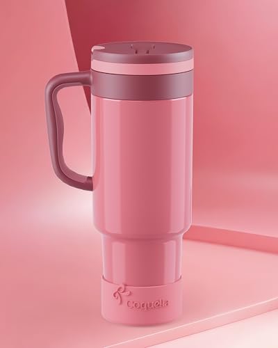 40 oz Insulated Tumbler with Handle and Push-Button Straw Lid, Stainless Steel Travel Cup for Gym Office, Leakproof, BPA-Free, Cup Holder Friendly, Bow Silicone Boot, Pink (Dusty Rose) - color: Dusty Rose