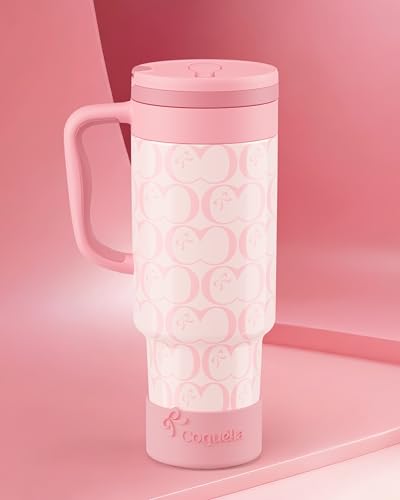 40 oz Insulated Tumbler with Handle and Push-Button Straw Lid, Stainless Steel Travel Cup for Gym Office, Leakproof, BPA-Free, Cup Holder Friendly, Bow Silicone Boot, Pink (C’ Blush) - color: C’ Blush