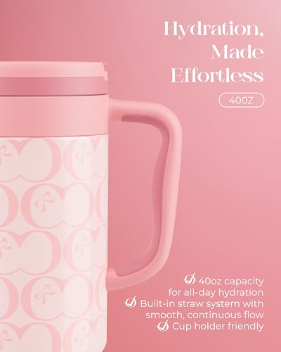 40 oz Insulated Tumbler with Handle and Push-Button Straw Lid, Stainless Steel Travel Cup for Gym Office, Leakproof, BPA-Free, Cup Holder Friendly, Bow Silicone Boot, Pink (C’ Blush) - color: C’ Blush