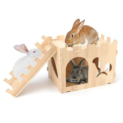 BWOGUE Extra Large Wooden Rabbit Castle Bunny House and Hideouts Detachable Small Animal Play Hideaway Hut for Indoor Adult Rabbit Guinea Pig Chinchilla Habitat - style: Modern