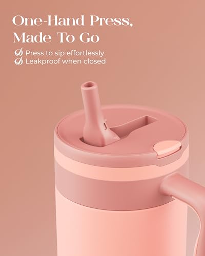 40 oz Insulated Tumbler with Handle and Push-Button Straw Lid, Stainless Steel Travel Cup for Gym Office, Leakproof, BPA-Free, Cup Holder Friendly, Bow Silicone Boot, (Peach Roasted) - color: Peach Roasted
