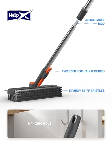 Floor Scrub Brush with Long Handle, 3 in 1 Multi-angle Swivel Right Angled Bristle Floor Scrubber Brush with Squeegee and Tweezer for Cleaning Tile Wall Deck Bathroom Patio Garage Kitchen (Grey) - color: Gray
