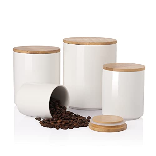 Sweejar Kitchen Canisters Ceramic Food Storage Jar Set, Stackable Containers with Airtight Seal Wooden Lid for Serving Ground Coffee, Tea, Herbs, Grains, Sugar, Salt - Set of 4 (White) - color: White, style: Set of 4(Updated Version)