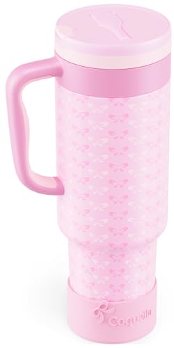 40 oz Insulated Tumbler with Handle and Push-Button Straw Lid, Stainless Steel Travel Cup for Gym Office, Leakproof, BPA-Free, Cup Holder Friendly, Bow Silicone Boot, Pink (Coquette Candy) - color: Coquette Candy