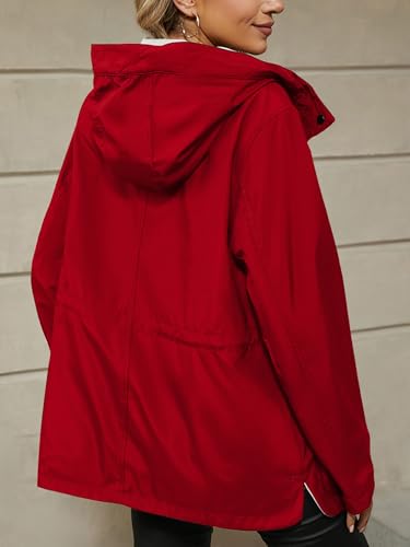 Bellivera Women's Lightweight Coat Windbreaker Zip Up Long Sleeve Jacket Outdoor Raincoat with Hood - color: Red Windbreaker, size: Large