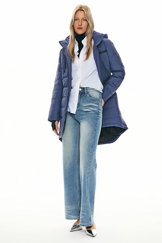 Orolay Women's Winter Down Jacket Long Quilted Puffer Coat Warm Hooded Slim Fit Outerwear - color: Blue, size: Medium