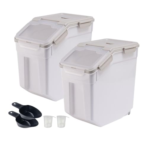 2 Pack Rice Storage Container 25 lbs, Airtight Flour Storage Containers with Lid and Wheels, Measuring Cup & Scoop, BPA Free, Bulk Food Dispenser for Sugar, Grain, Cereal - Pet Food Bin (Grey) - color: 2Pcs 25LB Grey
