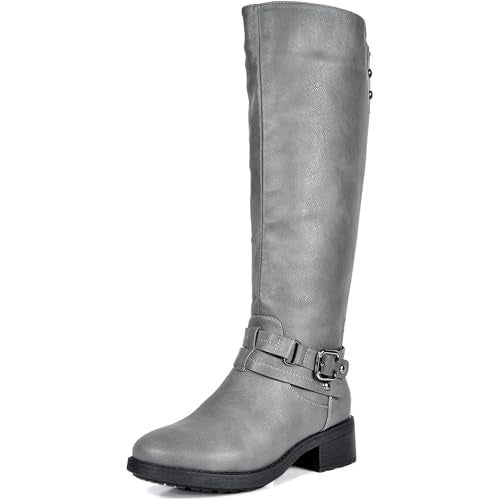 DREAM PAIRS Women's Knee High Boots, Buckle Riding Boots - color: Grey, size: 9