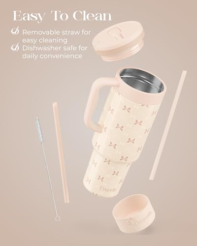 40 oz Insulated Tumbler with Handle and Push-Button Straw Lid, Stainless Steel Travel Cup for Gym Office, Leakproof, BPA-Free, Cup Holder Friendly, Bow Silicone Boot, Cream (Bow Cream) - color: Bow Cream