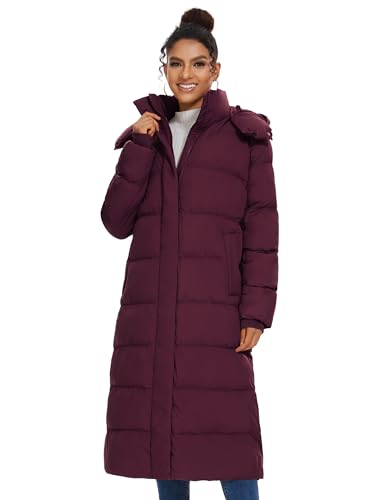 ROYAL MATRIX Women's Long Quilted Puffer Coat, Winter Warm Maxi Puffer Jacket with Detachable Hood - color: Wine Red, size: X-Large
