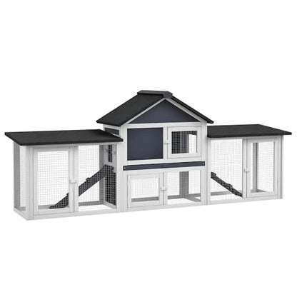 PawHut 83" L Outdoor Rabbit Hutch, Guinea Pig Cage Indoor Outdoor Wooden Bunny Hutch with Double Runs, Weatherproof Roof, Removable Tray, Ramps, Dark Gray - color: Dark Gray