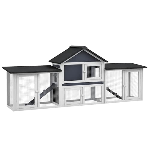 PawHut 83" L Outdoor Rabbit Hutch, Guinea Pig Cage Indoor Outdoor Wooden Bunny Hutch with Double Runs, Weatherproof Roof, Removable Tray, Ramps, Dark Gray - color: Dark Gray
