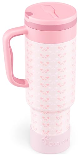 40 oz Insulated Tumbler with Handle and Push-Button Straw Lid, Stainless Steel Travel Cup for Gym Office, Leakproof, BPA-Free, Cup Holder Friendly, Bow Silicone Boot, Pink (Coquette Blush) - color: Coquette Blush