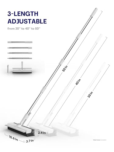 Floor Scrub Brush with Long Handle, 3 in 1 Scrape and Heavy-Duty Stiff Bristle Floor Scrubber Brush with Squeegee and Tweezer for Cleaning Tile Wall Deck Bathroom Patio Garage Kitchen (White) - color: White